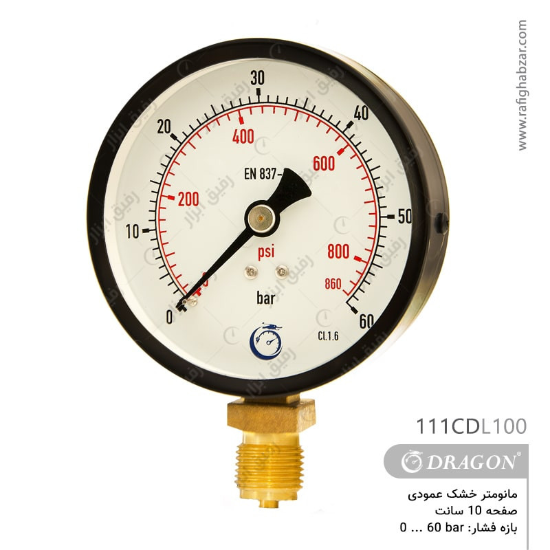گیج فشار خشک عمودی صفحه 10 سانت - 60 بار